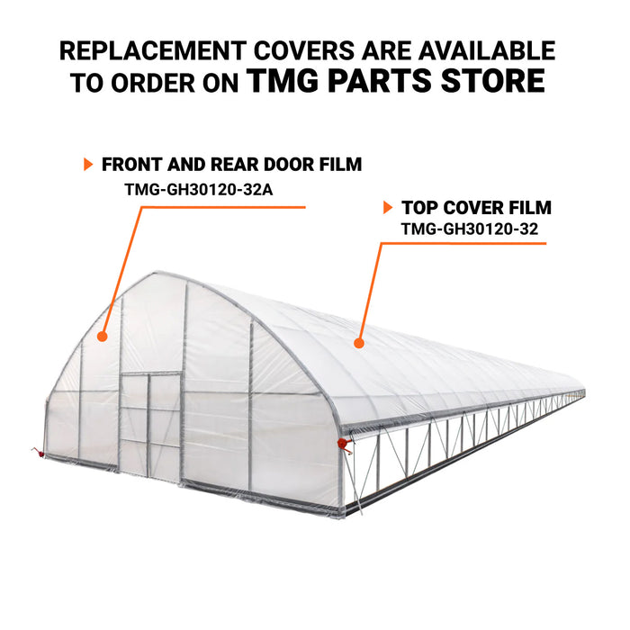 TMG Industrial 30’ x 120’ Tunnel Greenhouse Grow Tent w/6 Mil Clear EVA Plastic Film, Cold Frame, Hand Crank Roll-Up Sides, Peak Ceiling Roof, TMG-GH30120