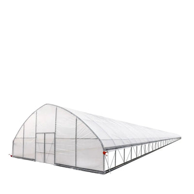 TMG-GH30150-V2 30' x 150' commercial tunnel greenhouse with 6 mil clear EVA poly cover and roll-up sides, view 2.