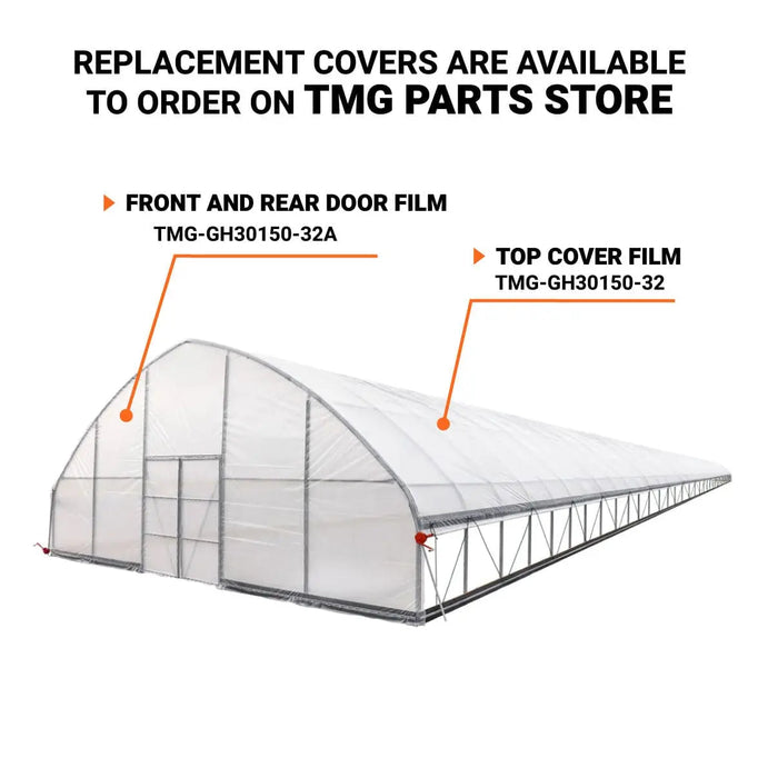 TMG-GH30150-V2 30' x 150' commercial tunnel greenhouse with 6 mil clear EVA poly cover and roll-up sides, view 10.