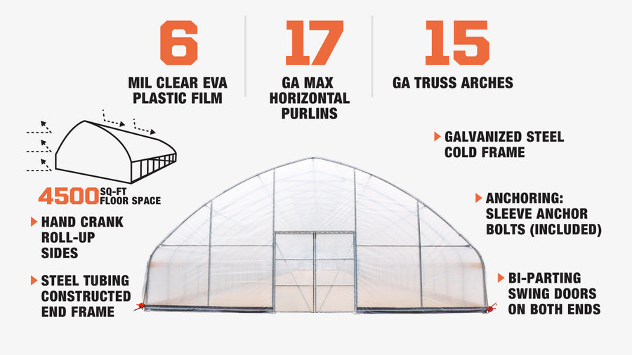 30' x 150' Commercial Tunnel Greenhouse with 6 Mil Clear Poly Covers and Roll-Up Sides TMG-GH30150