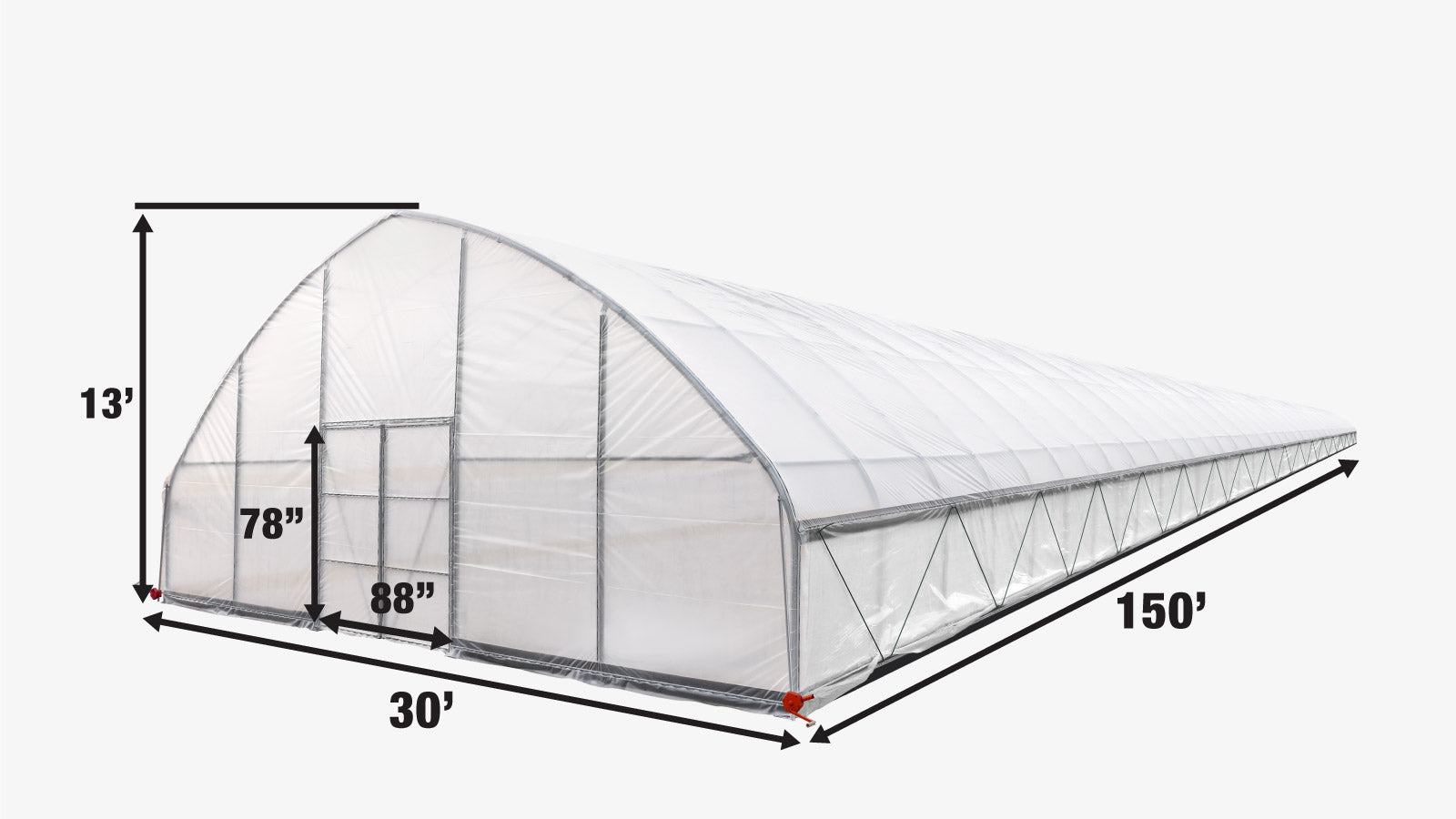 TMG Industrial 30' x 150' Tente de culture en tunnel avec film plastique EVA transparent de 6 mil, cadre froid, côtés enroulables à manivelle, toit de plafond en pointe, TMG-GH30150-specifications-image