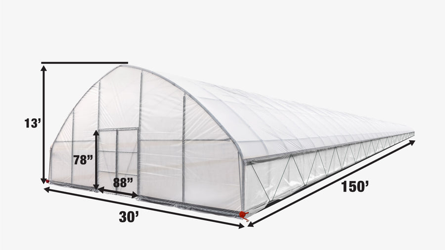 30' x 150' Commercial Tunnel Greenhouse with 6 Mil Clear Poly Covers and Roll-Up Sides TMG-GH30150