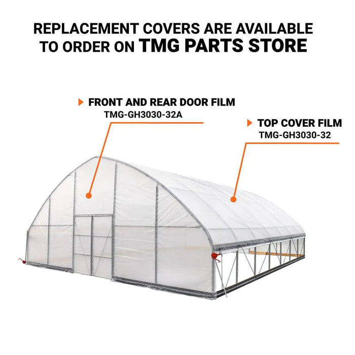 TMG-GH3030-V2 30' x 30' commercial tunnel greenhouse with 6 mil clear EVA poly cover and roll-up sides, view 10.