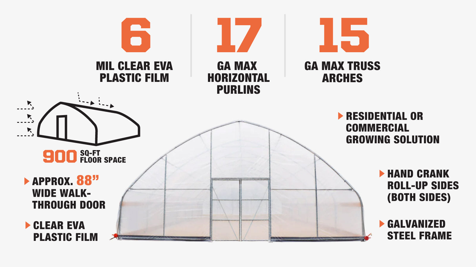 TMG Industrial 30' x 30' Tente de culture en tunnel avec film plastique EVA transparent de 6 mil, cadre froid, côtés enroulables à manivelle, toit de plafond en pointe, TMG-GH3030-description-image