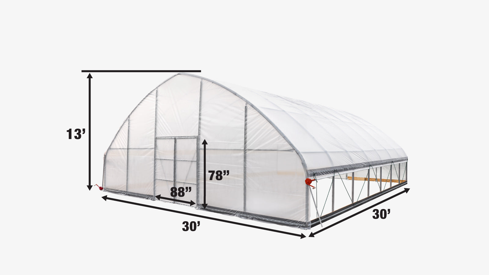 TMG Industrial 30' x 30' Tente de culture en tunnel avec film plastique EVA transparent de 6 mil, cadre froid, côtés enroulables à manivelle, toit de plafond en pointe, TMG-GH3030-specifications-image