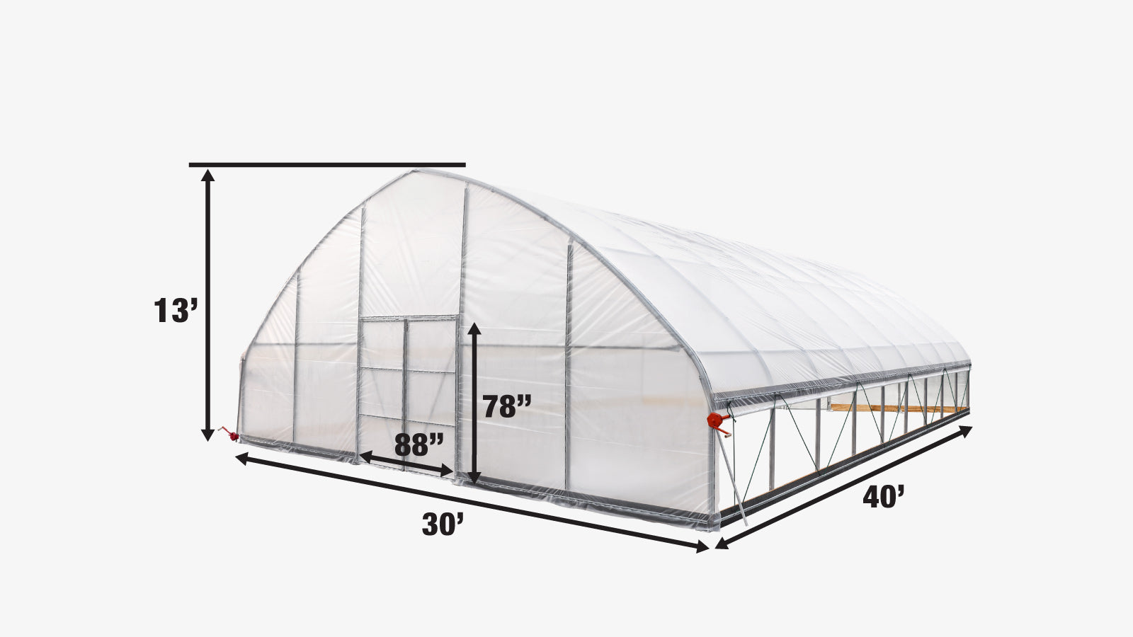 TMG Industrial 30' x 40' Tente de culture en tunnel avec film plastique EVA transparent de 6 mil, cadre froid, côtés enroulables à manivelle, toit de plafond en pointe, TMG-GH3040-specifications-image