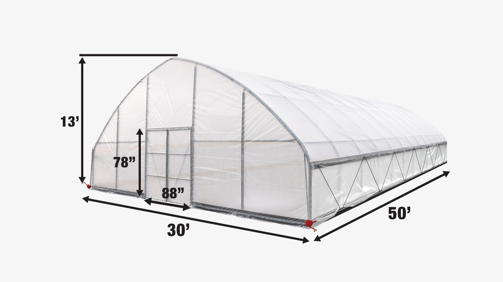 TMG Industrial 30' x 50' Tente de culture en tunnel avec film plastique EVA transparent de 6 mil, cadre froid, côtés enroulables à manivelle, toit de plafond en pointe, TMG-GH3050-specifications-image