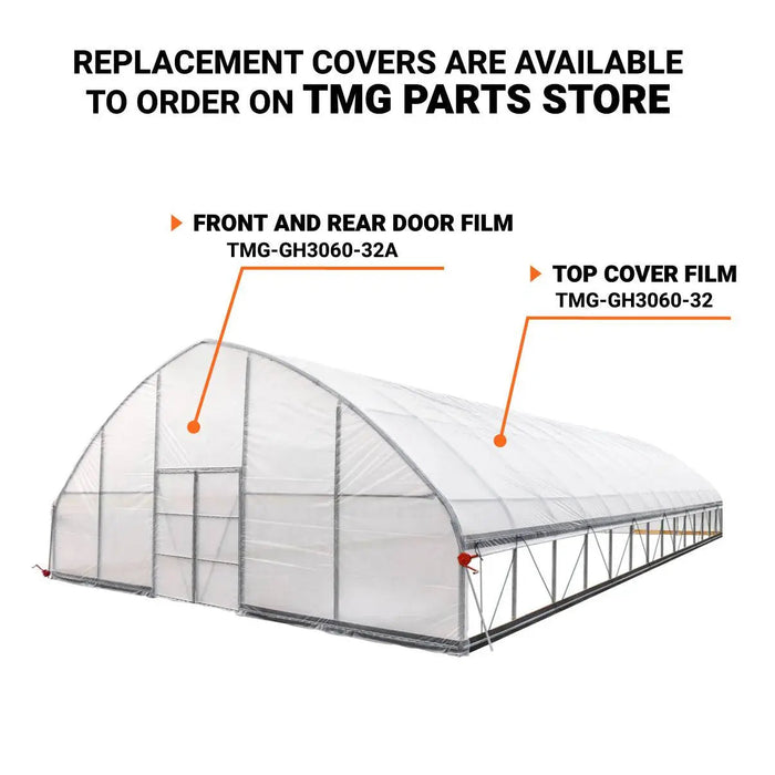 TMG-GH3060-V2 30' x 60' commercial tunnel greenhouse with 6 mil clear EVA poly cover and roll-up sides, view 10.