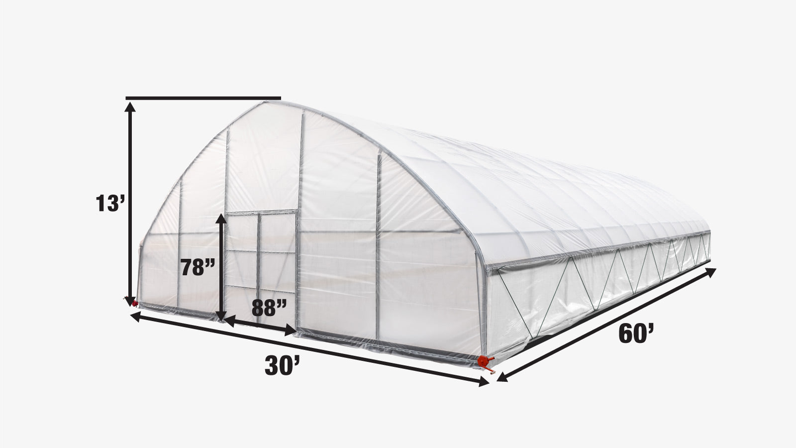 TMG Industrial 30' x 60' Tente de culture en tunnel avec film plastique EVA transparent de 6 mil, cadre froid, côtés enroulables à manivelle, toit de plafond en pointe, TMG-GH3060-specifications-image