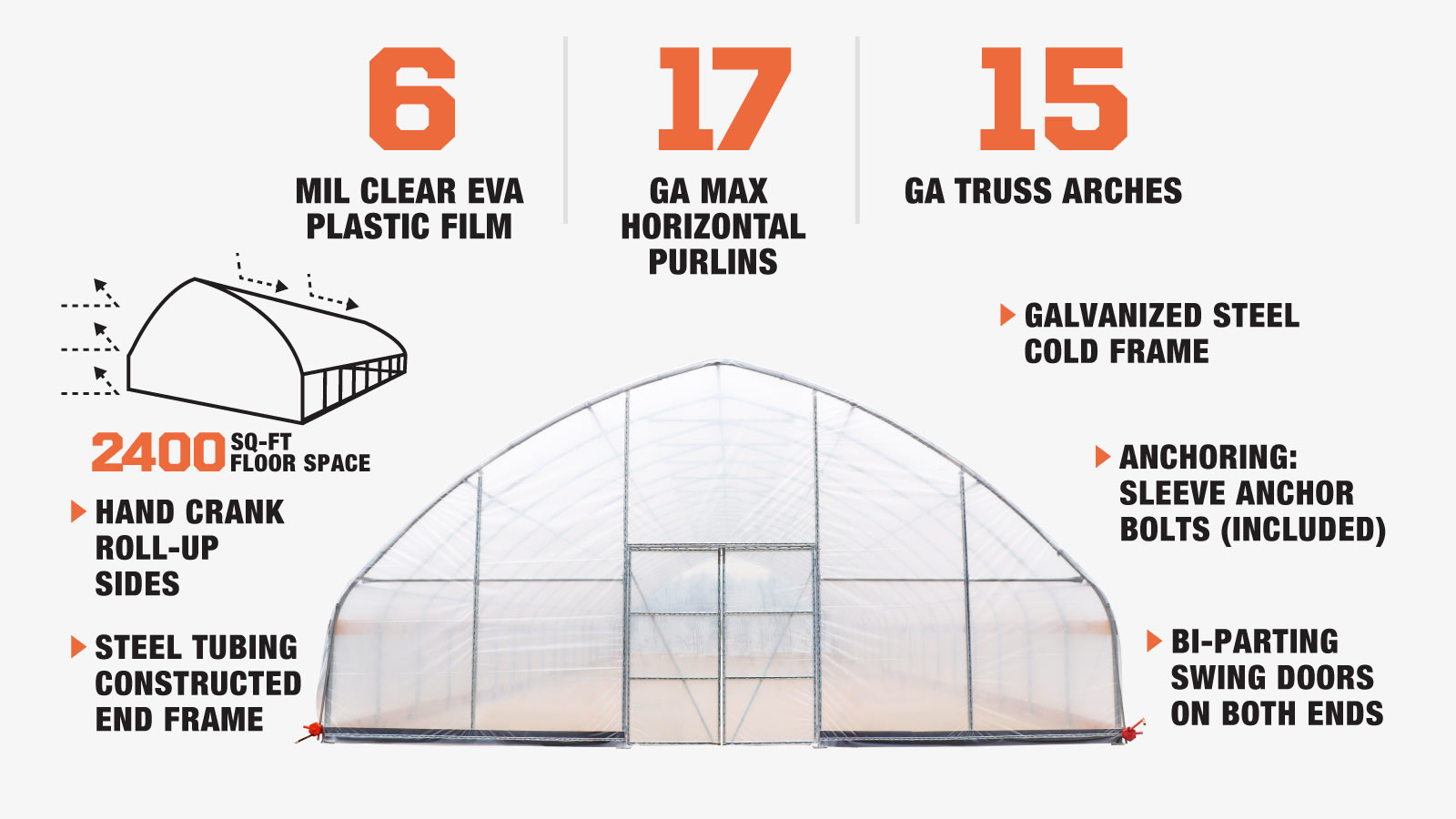 TMG Industrial 30’ x 80’ Tunnel Greenhouse Grow Tent w/6 Mil Clear EVA Plastic Film, Cold Frame, Hand Crank Roll-Up Sides, Peak Ceiling Roof, TMG-GH3080-description-image