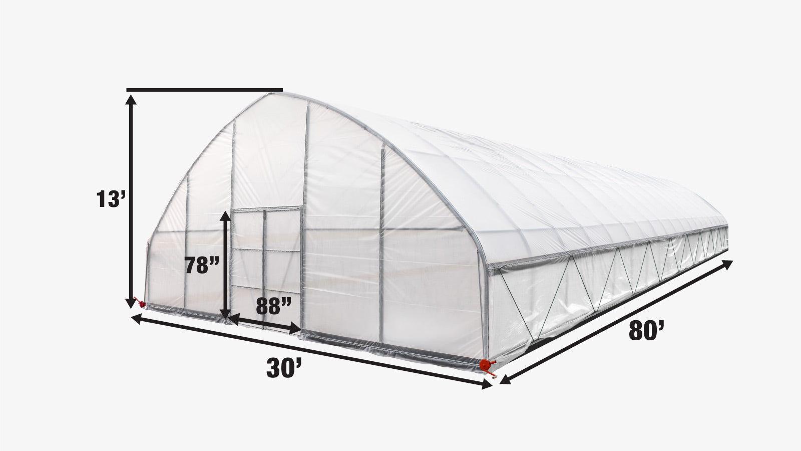 TMG Industrial 30' x 80' Tente de culture en tunnel avec film plastique EVA transparent de 6 mil, cadre froid, côtés enroulables à manivelle, toit de plafond en pointe, TMG-GH3080-specifications-image