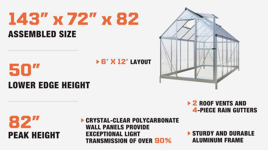 Serre de 6' x 12' Crystal Clear, cadre en aluminium, système de gouttières intégré, aérations de toit, TMG-GH612