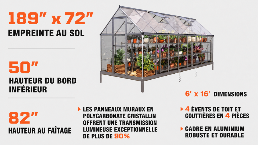 Serre Transparente 6' x 16', Cadre en Aluminium, Système de Gouttières Intégré, Aérations de Toit, TMG-GH616