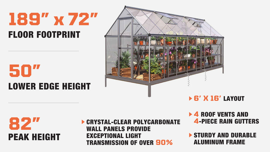 6' x 16' Crystal Clear Greenhouse, Aluminum Frame, Integrated Gutter System, Roof Vents, TMG-GH616