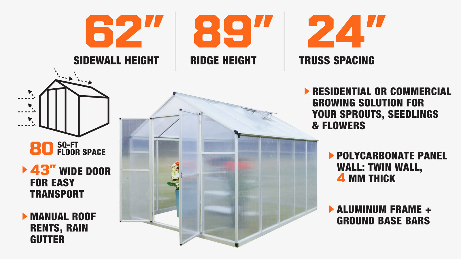 TMG Industrial 8' x 10' Aluminum Frame Greenhouse w/4 mm Twin Wall Polycarbonate Panels, UV Protected Panels, TMG-GH810-description-image