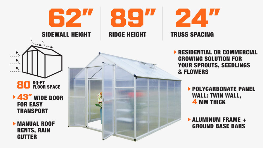 8' x 10' Aluminum Frame Greenhouse w/4 mm Twin Wall Polycarbonate Panels, UV Protected Panels, TMG-GH810 (Discontinued – No Longer Available)