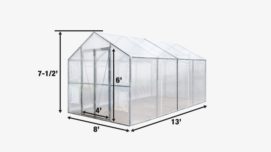 8' x 13' Greenhouse Grow Tent w/20 Mil Ripstop Leno Mesh PVC Cover, Galvanized Steel Frame, Roll-up Windows, TMG-GH813