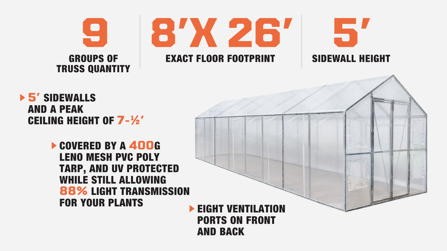 8' x 26' Greenhouse Grow Tent w/20 Mil Ripstop Leno Mesh PVC Cover, Galvanized Steel Frame, Roll-up Windows, TMG-GH826