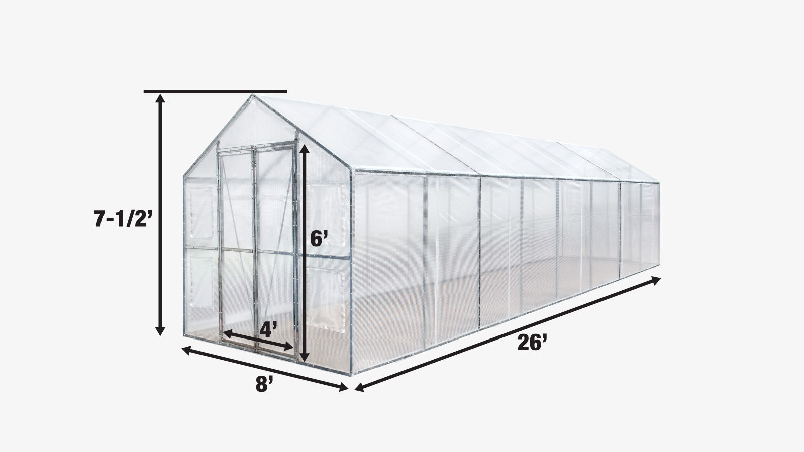 TMG Industrial 8’ x 26’ Greenhouse Grow Tent w/20 Mil Ripstop Leno Mesh PVC Cover, Galvanized Steel Frame, Roll-up Windows, TMG-GH826-specifications-image
