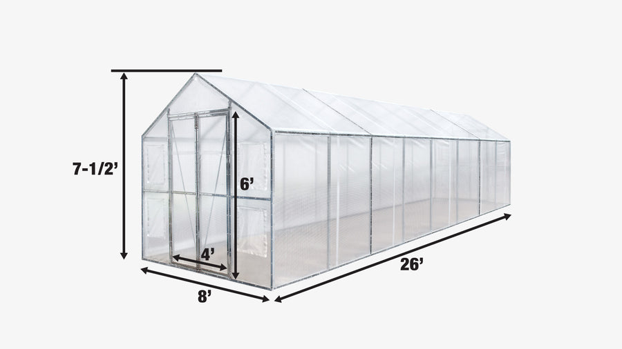 8' x 26' Greenhouse Grow Tent w/20 Mil Ripstop Leno Mesh PVC Cover, Galvanized Steel Frame, Roll-up Windows, TMG-GH826