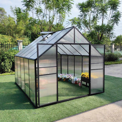 Serre 8' x 10' avec toit et murs en polycarbonate, cadre en aluminium durable, assemblage rapide, série Essential, TMG-GHE0810