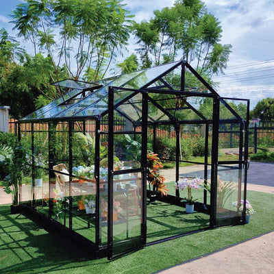 Serre Alpine Series 2,74 x 2,74 m, hauteur 2,44 m, cadre en aluminium extensible, parois en verre trempé et toit en polycarbonate, assemblage rapide, TMG-GHA0909