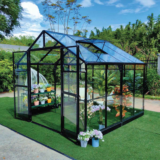 Alpine Series 9' x 9' Greenhouse, 8' Height, Expandable Aluminum Frame, Tempered Glass Walls and Polycarbonate Roof, Quick-Connect Assembly, TMG-GHA0909