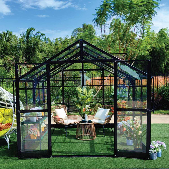 Alpine Series 9' x 13.6' Greenhouse, 8' Height, Expandable Aluminum Frame, Tempered Glass Walls and Polycarbonate Roof, Quick-Connect Assembly TMG-GHA0913