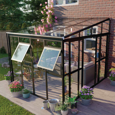 Serre adossée Alpine Series 2,74 m x 2,74 m, hauteur 2,44 m, cadre en aluminium robuste, parois en verre trempé et toit en polycarbonate, TMG-GHA0909L