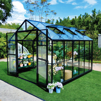 Serre Alpine de 9' x 18', hauteur 8', cadre en aluminium extensible, parois en verre trempé et toit en polycarbonate, assemblage rapide TMG-GHA0918