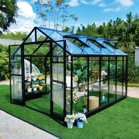 Alpine Series 9’ x 18’ Greenhouse, 8’ Height, Expandable Aluminum Frame, Tempered Glass Walls and Polycarbonate Roof, Quick-Connect Assembly TMG-GHA0918