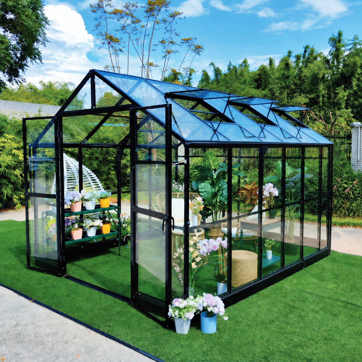 Alpine Series 9’ x 18’ Greenhouse, 8’ Height, Expandable Aluminum Frame, Tempered Glass Walls and Polycarbonate Roof, Quick-Connect Assembly TMG-GHA0918