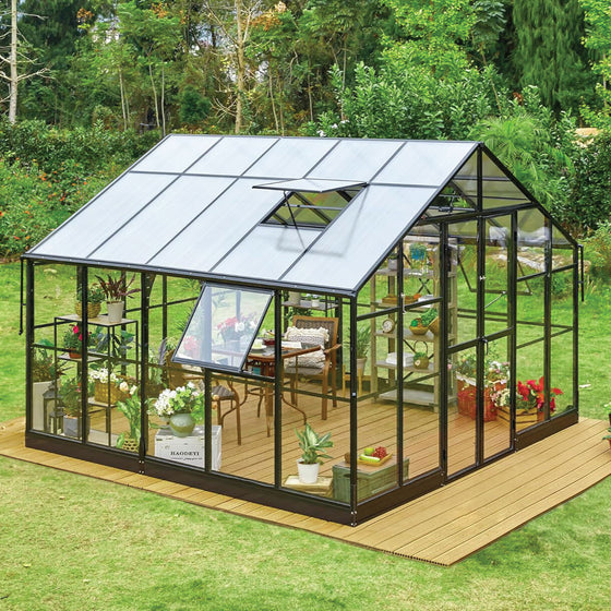 Alpine Series 11' x 11' Greenhouse, 9' Height, Expandable Aluminum Frame, Tempered Glass Walls and Polycarbonate Roof, Quick-Connect Assembly, TMG-GHA1111