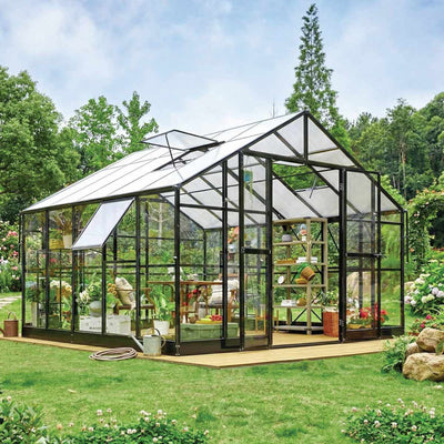 Serre Alpine Series 3,5 m x 6,2 m, hauteur 2,7 m, cadre en aluminium extensible, parois en verre trempé et toit en polycarbonate, assemblage rapide TMG-GHA1120