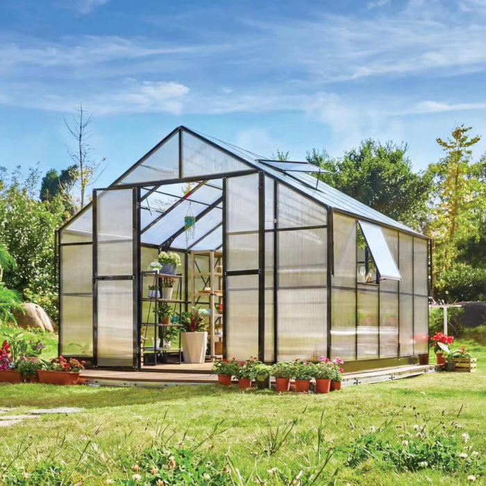 Alpine Series 11.5' x 20.5' Greenhouse, 9' Height, Expandable Aluminum Frame, Tempered Glass Walls and Polycarbonate Roof, Quick-Connect Assembly TMG-GHA1120 