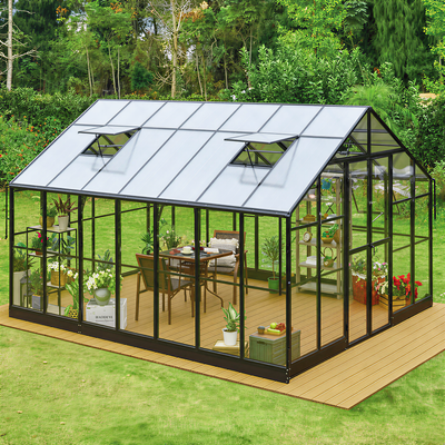 Serre Alpine 11,5' x 16', hauteur 9', structure aluminium extensible, parois en verre trempé et toit en polycarbonate, assemblage rapide TMG-GHA1116