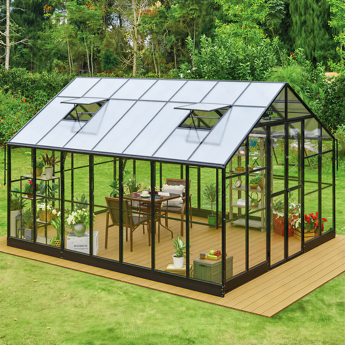 Alpine Series 11.5' x 16' Greenhouse, 9' Height, Expandable Aluminum Frame, Tempered Glass Walls and Polycarbonate Roof, Quick-Connect Assembly TMG-GHA1116 