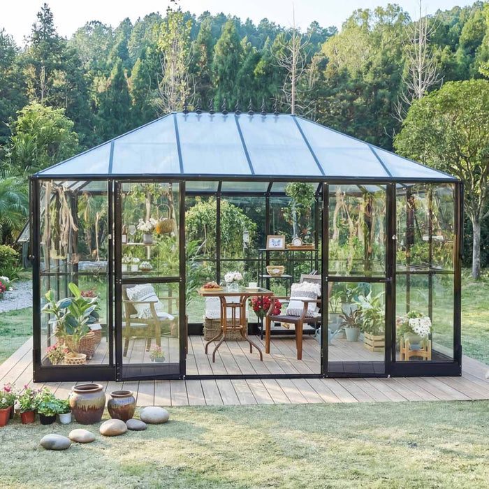 Alpine Series 14' x 9' Gazebo-Style Greenhouse, 8.8' Height, Heavy-Duty Aluminum Frame, 4mm Tempered Glass Walls, and 6mm Polycarbonate Roof, TMG-GHA1409