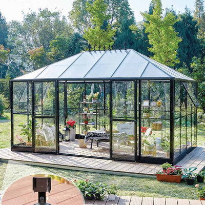 Serre Alpine 14' x 9' style Gazebo, Hauteur 8,8', Cadre en Aluminium Robuste, Parois en Verre Trempé 4mm, et Toit en Polycarbonate 6mm, TMG-GHA1409