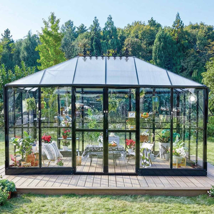 Alpine Series 14' x 9' Gazebo-Style Greenhouse, 8.8' Height, Heavy-Duty Aluminum Frame, 4mm Tempered Glass Walls, and 6mm Polycarbonate Roof, TMG-GHA1409