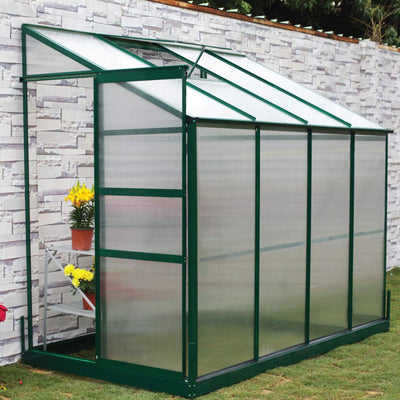 Serre adossée 4' x 8', hauteur 7', cadre en aluminium vert thermolaqué, toit, murs et évent en polycarbonate, série Essential, TMG-GHE0408L