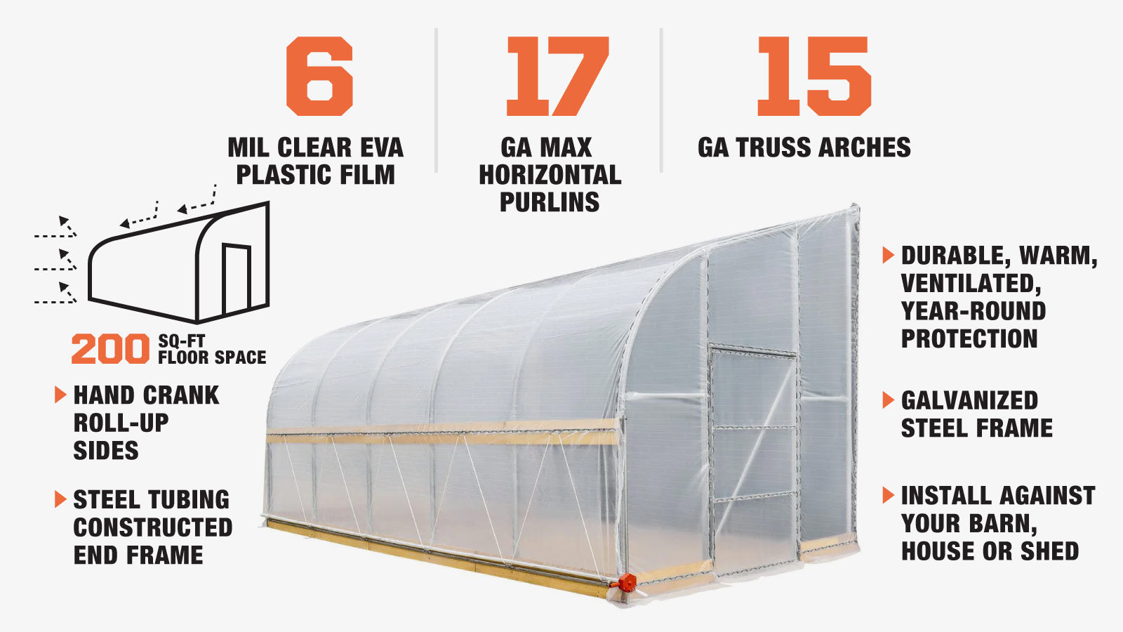 TMG Industrial 10' x 20' Lean-To Greenhouse Grow Tent w/6 Mil Clear EVA Plastic Film, Cold Frame, Manivelle Roll-Up Side, 6-½' Sidewall, TMG-GHL1020-description-image