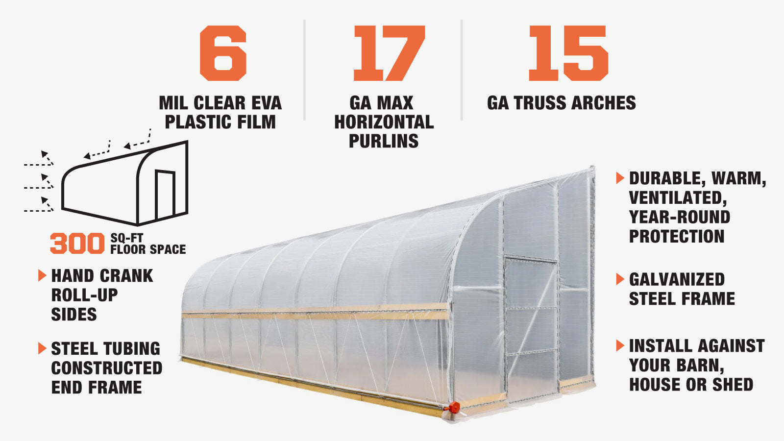 TMG Industrial 10’ x 30’ Lean-To Greenhouse Grow Tent w/6 Mil Clear EVA Plastic Film, Cold Frame, Hand Crank Roll-Up Side, 6-½’ Sidewall, TMG-GHL1030-description-image