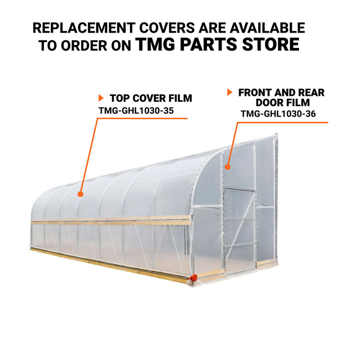 TMG Industrial 10' x 30' Lean-To Greenhouse Grow Tent w/6 Mil Clear EVA Plastic Film, Cold Frame, Manivelle Roll-Up Side, 6-½' Sidewall, TMG-GHL1030