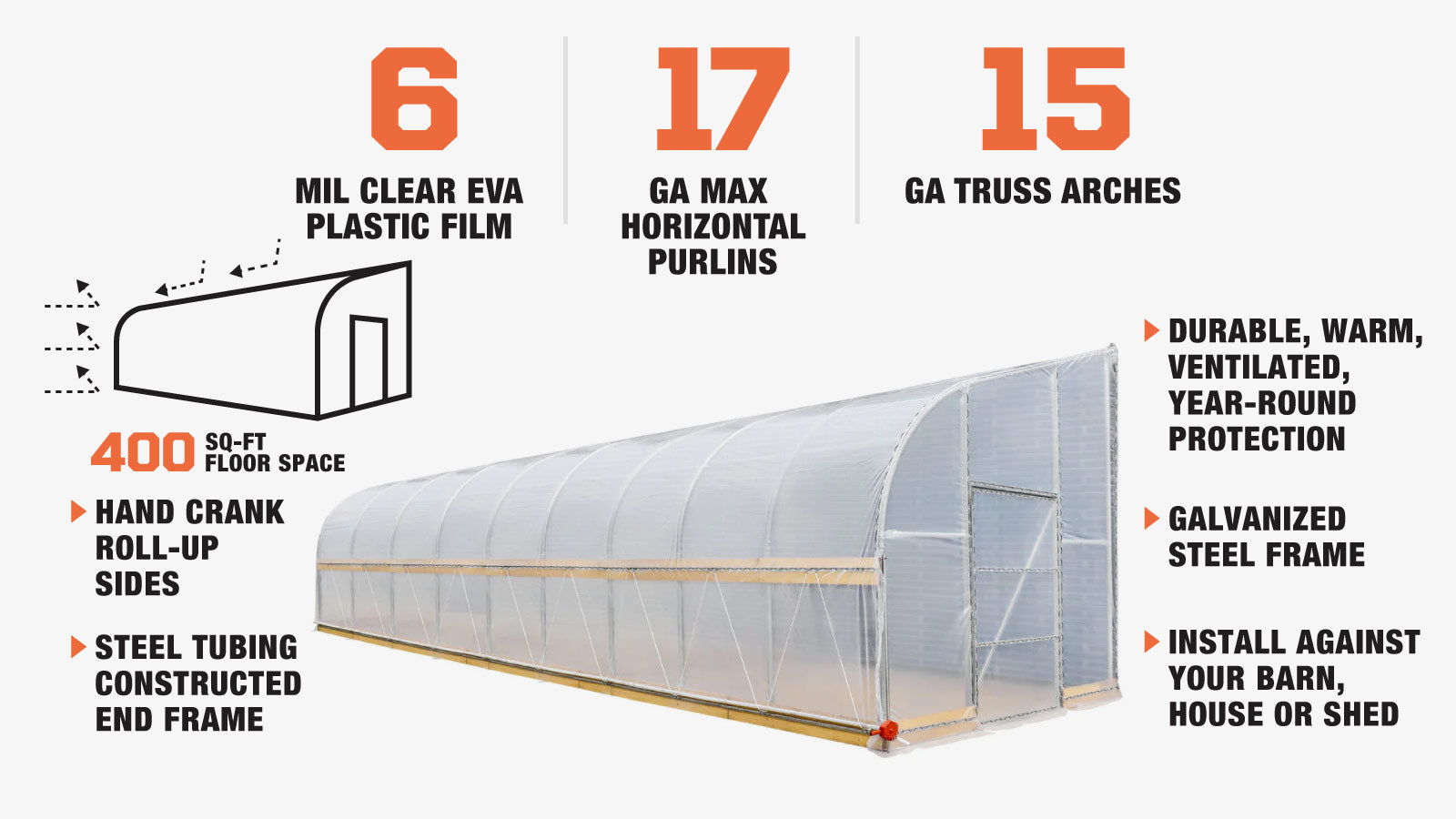 TMG Industrial 10' x 40' Lean-To Greenhouse Grow Tent w/6 Mil Clear EVA Plastic Film, Cold Frame, Manivelle Roll-Up Side, 6-½' Sidewall, TMG-GHL1040-description-image