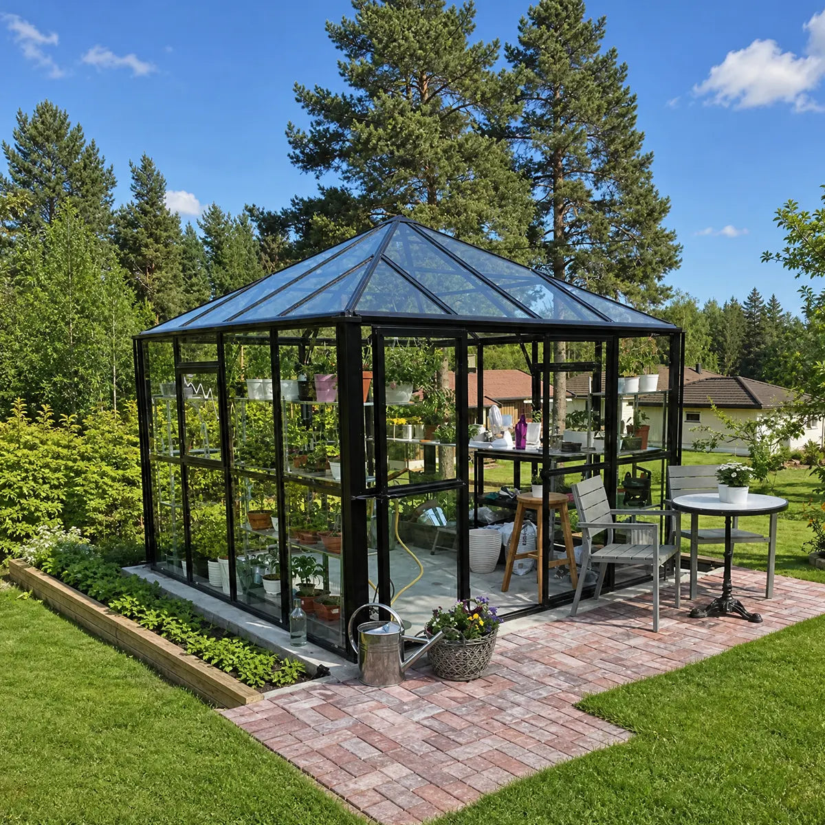 Serre-véranda Nordic Series 2,74 x 2,74 m, hauteur 2,69 m, toit en polycarbonate et murs en verre, cadre en aluminium robuste, assemblage coulissant et verrouillable, TMG-GHN1010