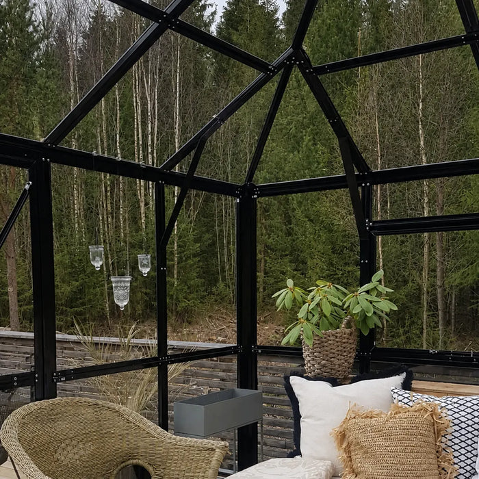 Serre de jardin 4,2 m x 4,2 m Nordic Series, hauteur 3,1 m, murs en verre trempé et toit en polycarbonate, cadre en aluminium robuste, assemblage coulissant et verrouillable, TMG-GHN1414