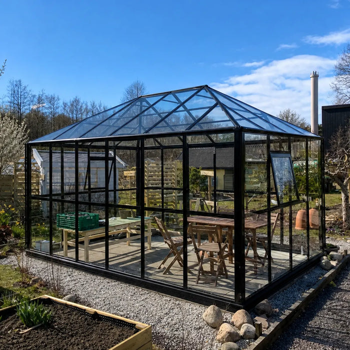 Serre Gazébo 3 x 4,2 m Série Nordic, Hauteur 2,7 m, Parois en Verre Trempé et Toit en Polycarbonate, Cadre en Aluminium Robuste, Assemblage Coulissant et Verrouillable, TMG-GHN1014