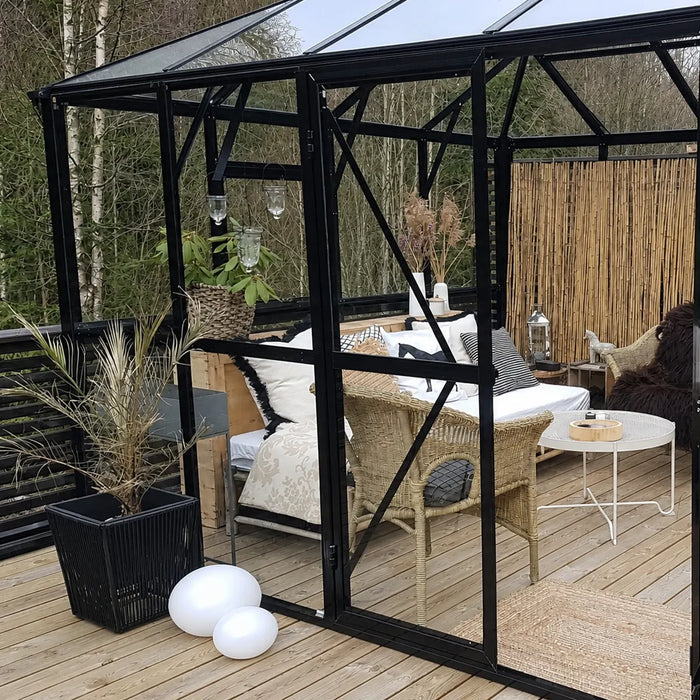 Serre de jardin 4,2 m x 4,2 m Nordic Series, hauteur 3,1 m, murs en verre trempé et toit en polycarbonate, cadre en aluminium robuste, assemblage coulissant et verrouillable, TMG-GHN1414