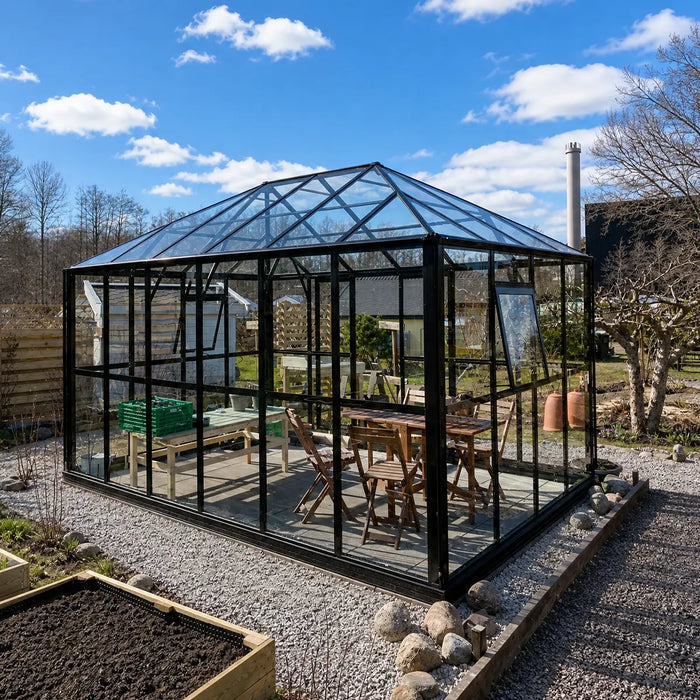 Serre Gazébo 3 x 4,2 m Série Nordic, Hauteur 2,7 m, Parois en Verre Trempé et Toit en Polycarbonate, Cadre en Aluminium Robuste, Assemblage Coulissant et Verrouillable, TMG-GHN1014